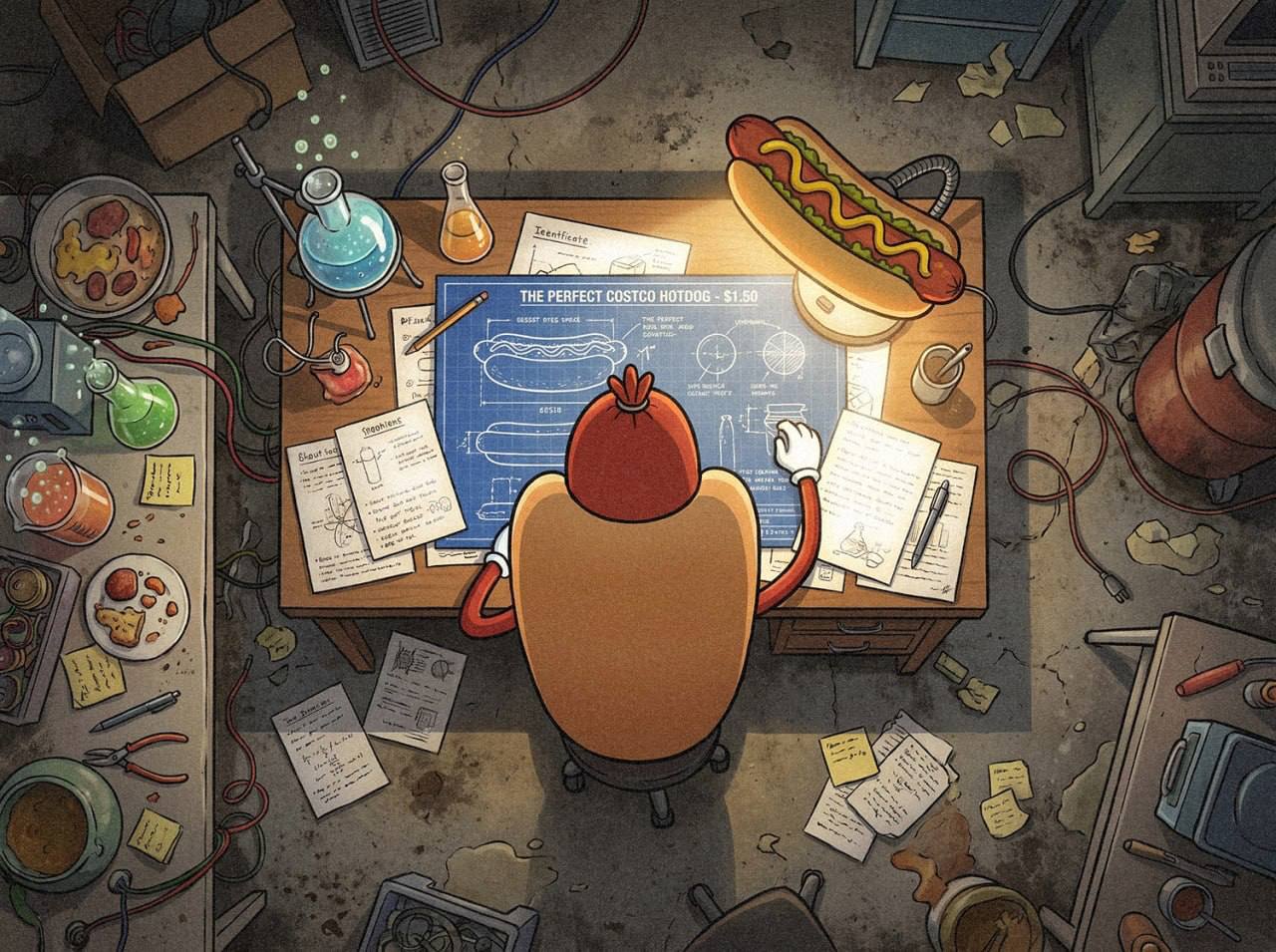 Top-down view of the $HOTDOG mascot at a cluttered workshop desk, studying a blueprint titled The Perfect Costco Hotdog, $1.50.