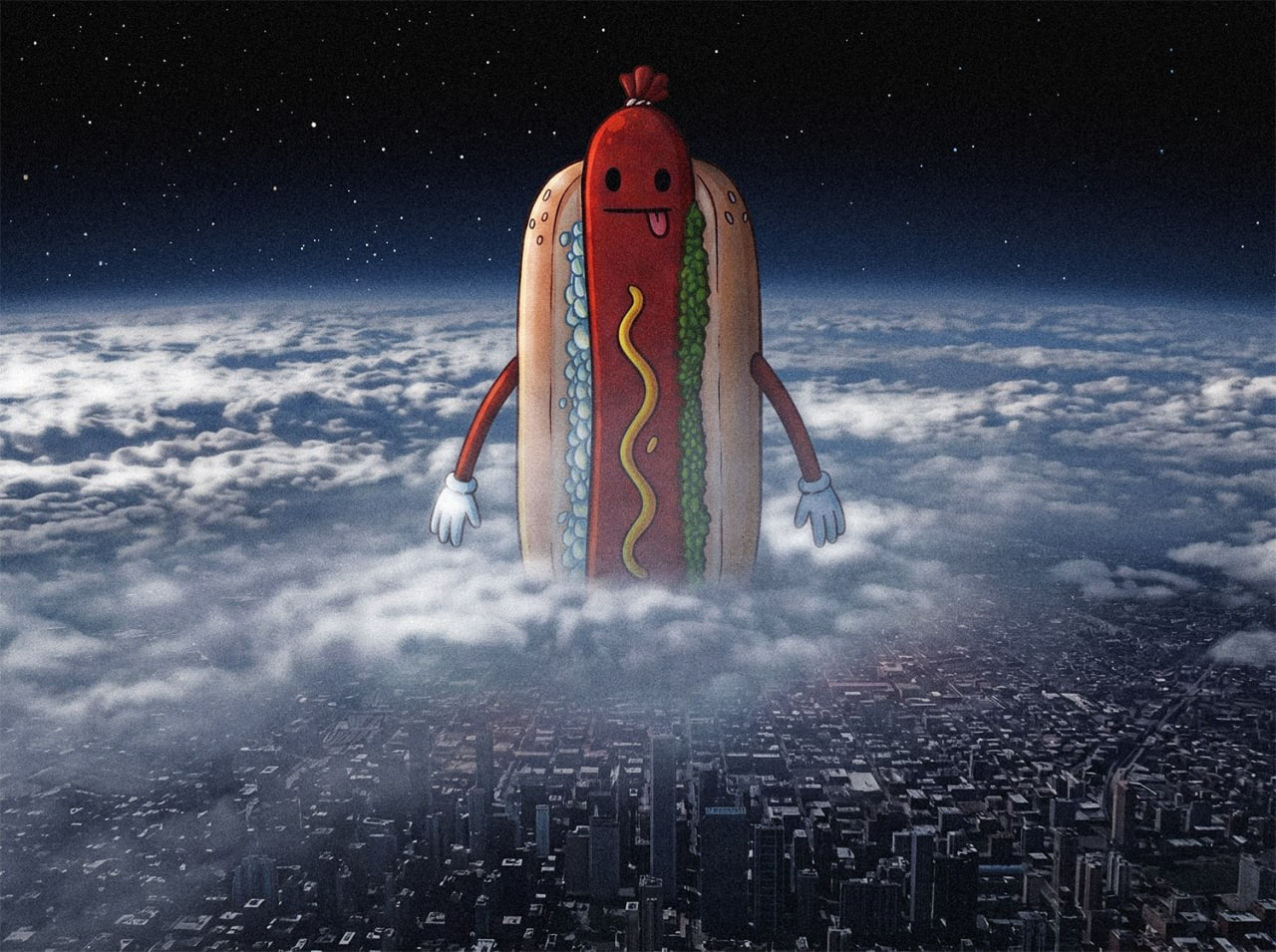 The $HOTDOG mascot, a cartoon hot dog with white gloves, floating above the clouds over a night-time city, stars behind him.